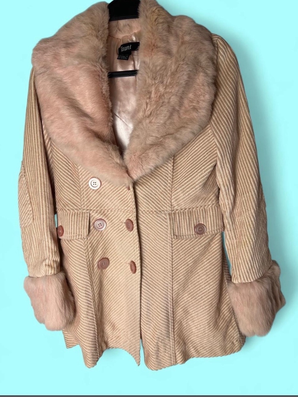 Y2K Taunt Pink Collar Rabbit Fur and Corduroy Coat